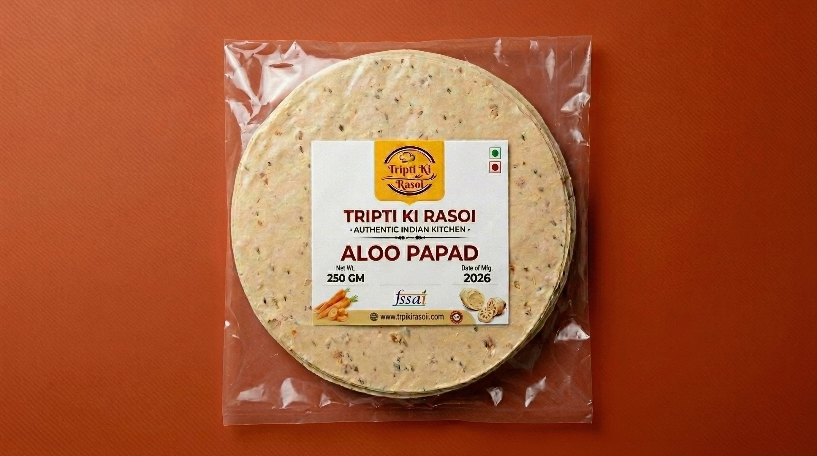 Homemade aloo papad sealed in transparent pouch packing ready to fry