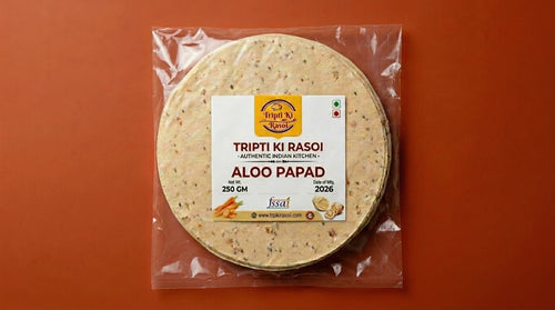 Homemade aloo papad sealed in transparent pouch packing ready to fry