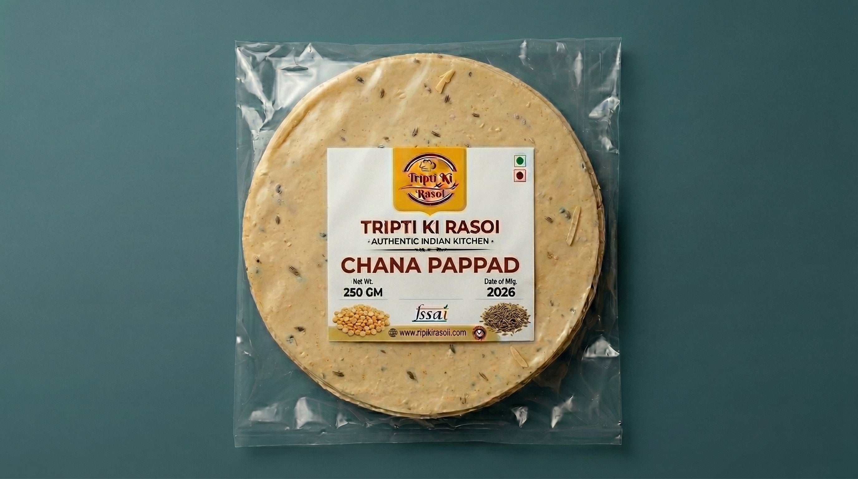 Homemade Chana daal papad sealed in transparent pouch packing ready to fry