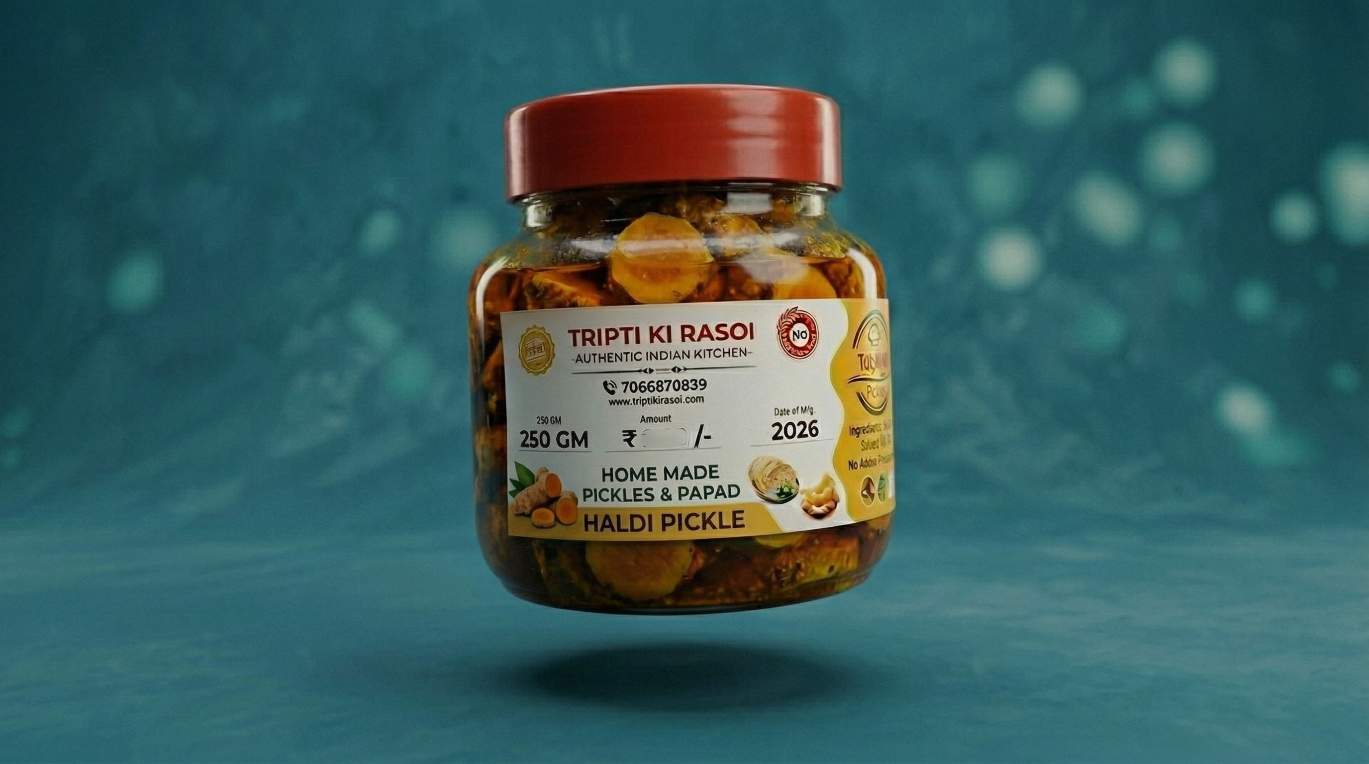 Homemade turmeric pickle with mustard oil in glass jar