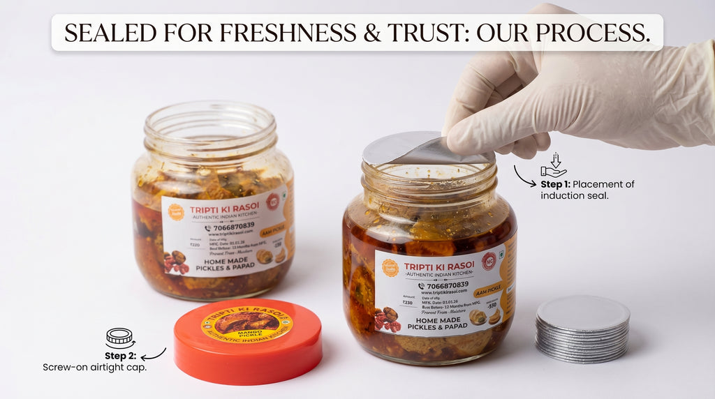 Two jars of Tripathi ki Rasoi pickle with a gloved hand placing an air Tight cap on one of them, on a white background.