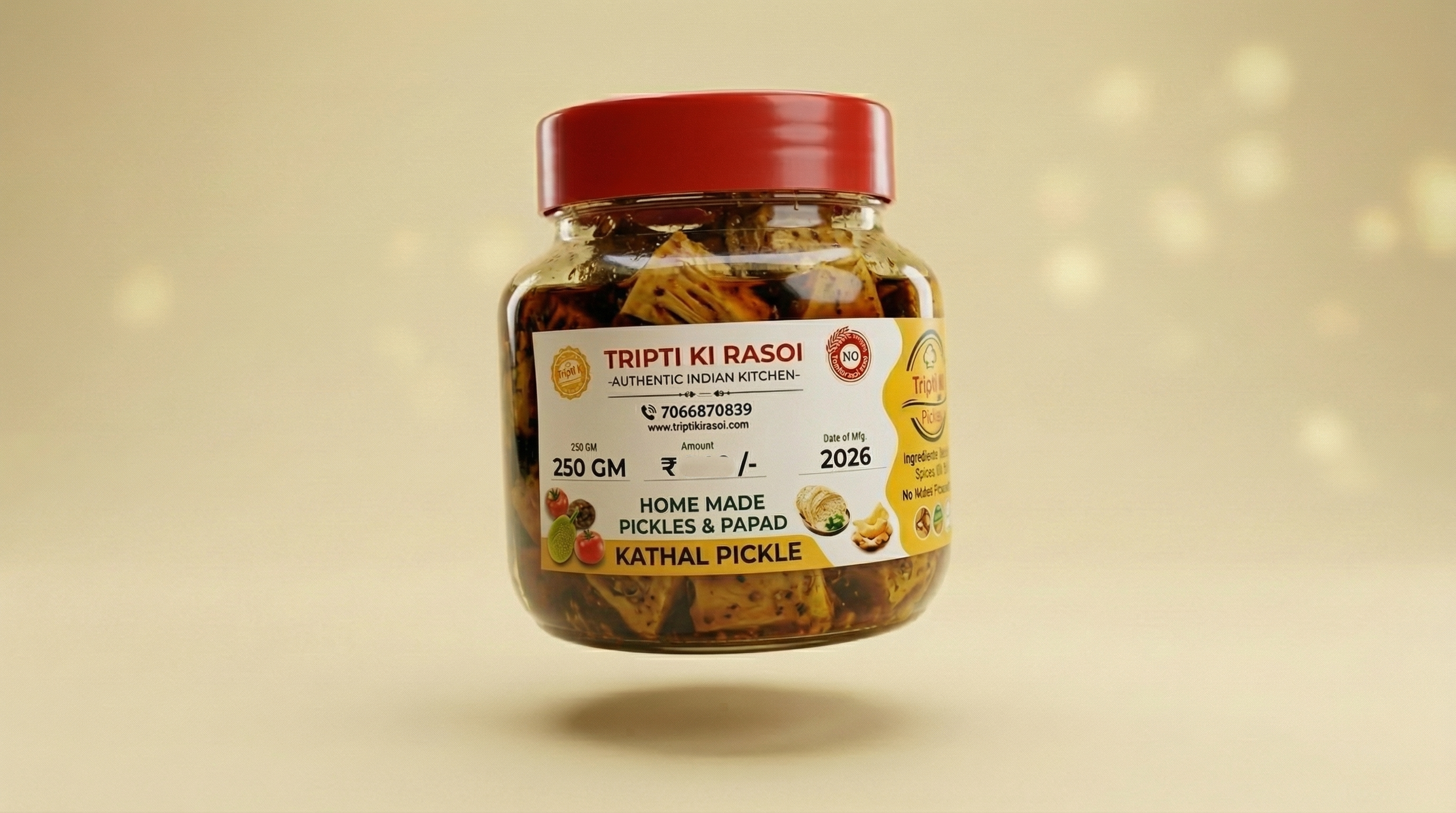 Homemade Kathal pickle with mustard oil in glass jar