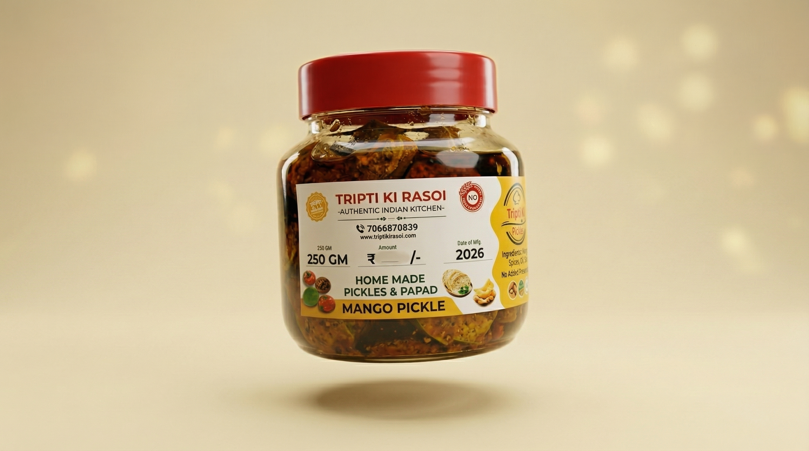 Homemade mango pickle with mustard oil in glass jar
