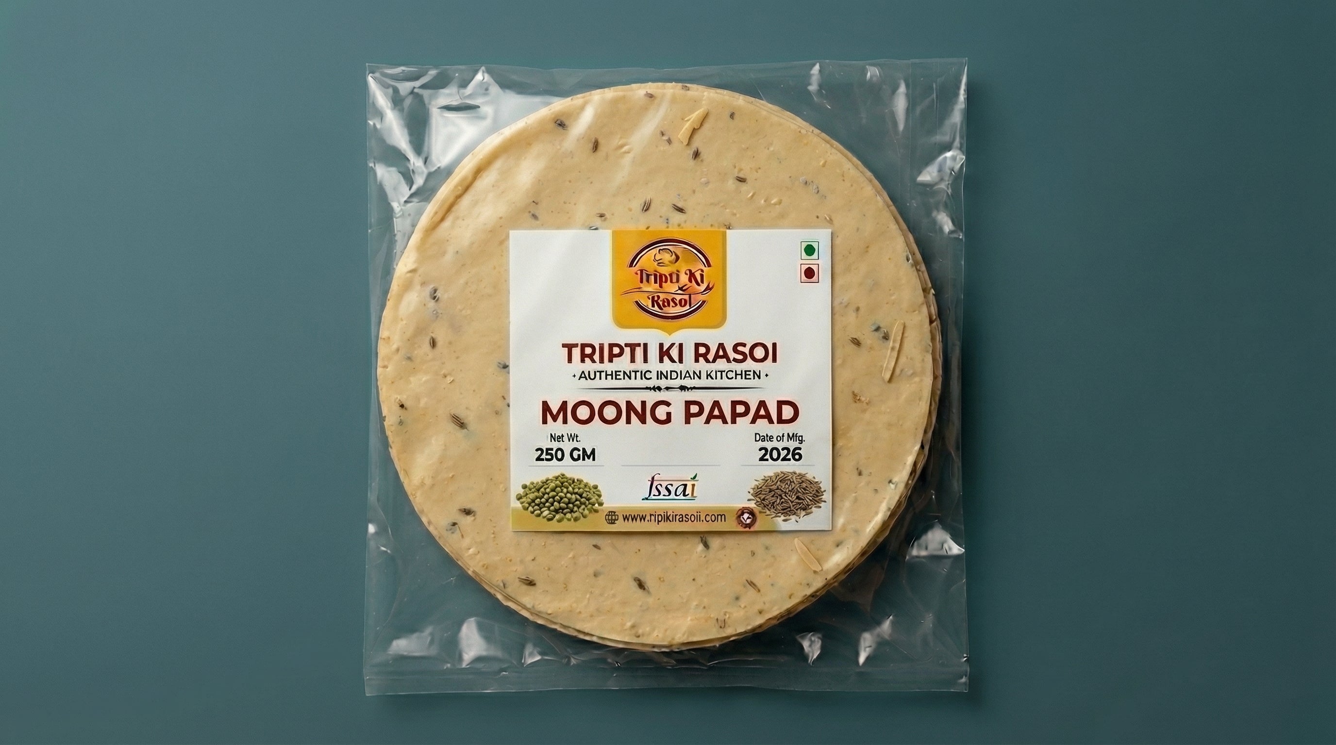 Homemade Moong Daal papad sealed in transparent pouch packing ready to fry
