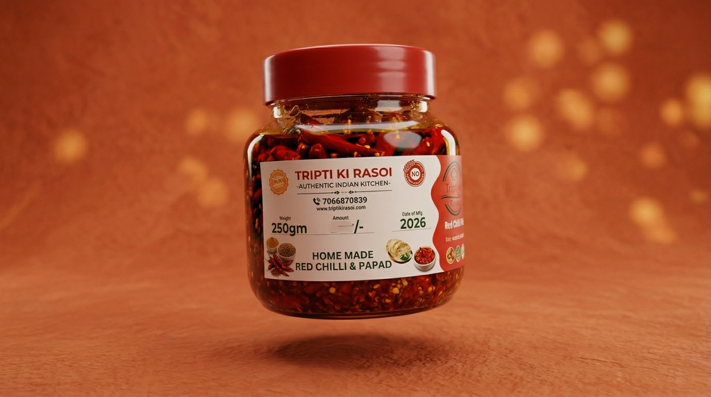 Homemade Red Chilly pickle with mustard oil in glass jar