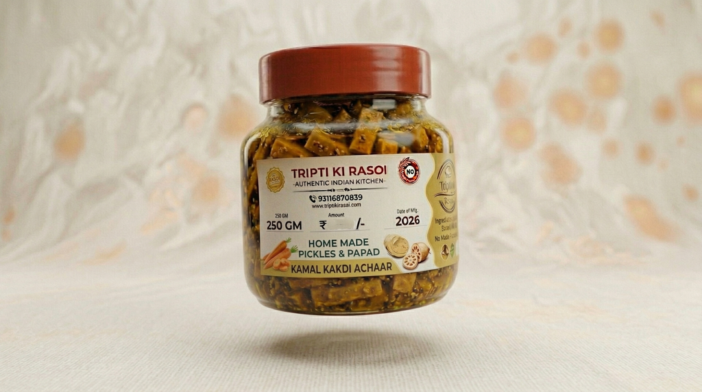 Homemade Kamal Kakdi pickle with mustard oil in glass jar